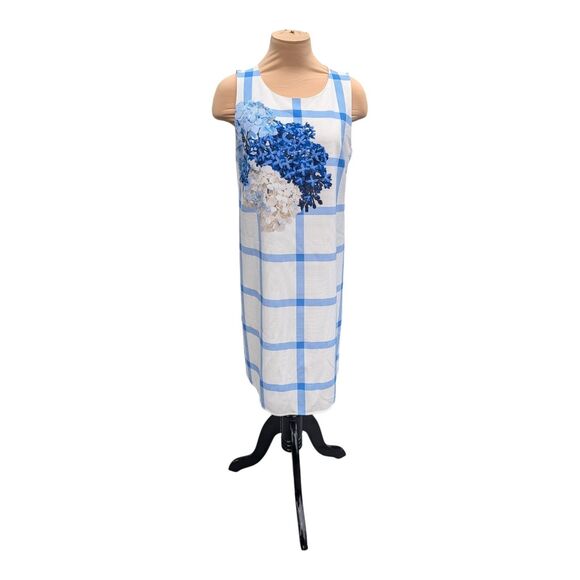 CeCe Dresses & Skirts - CeCe Hydrangea Windowpane Shift Dress Blue White Floral Sleeveless Lined Size 8